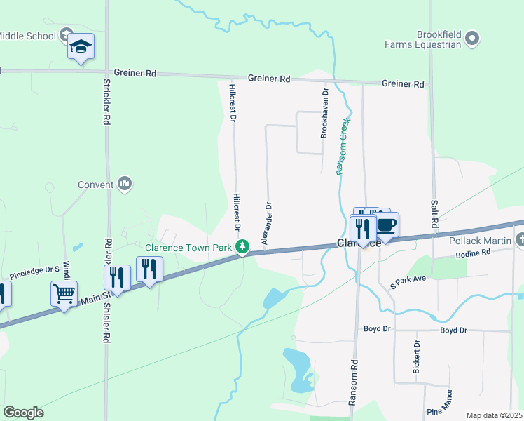 map of restaurants, bars, coffee shops, grocery stores, and more near 5015 Hillcrest Drive in Clarence