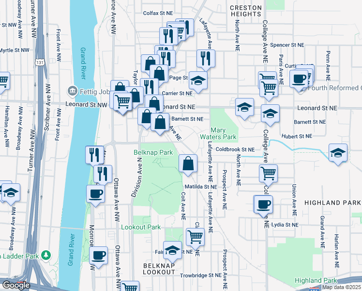 map of restaurants, bars, coffee shops, grocery stores, and more near 192 Coldbrook Street Northeast in Grand Rapids