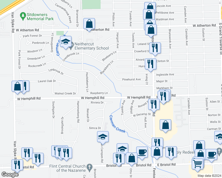 map of restaurants, bars, coffee shops, grocery stores, and more near 1518 Greenbrook Lane in Flint