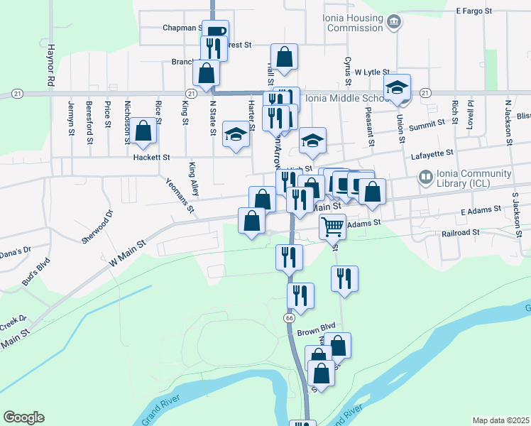 map of restaurants, bars, coffee shops, grocery stores, and more near 608 West Main Street in Ionia
