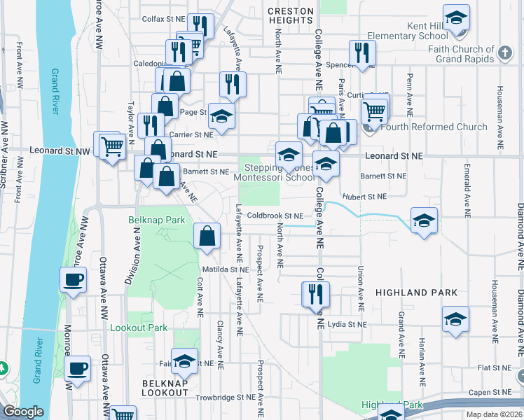 map of restaurants, bars, coffee shops, grocery stores, and more near 333 Coldbrook Street Northeast in Grand Rapids