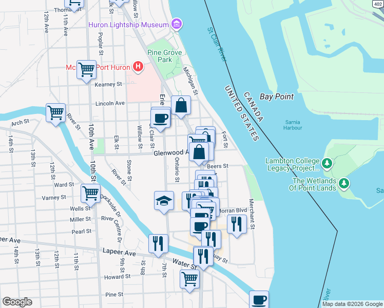 map of restaurants, bars, coffee shops, grocery stores, and more near 805 Pine Grove Avenue in Port Huron