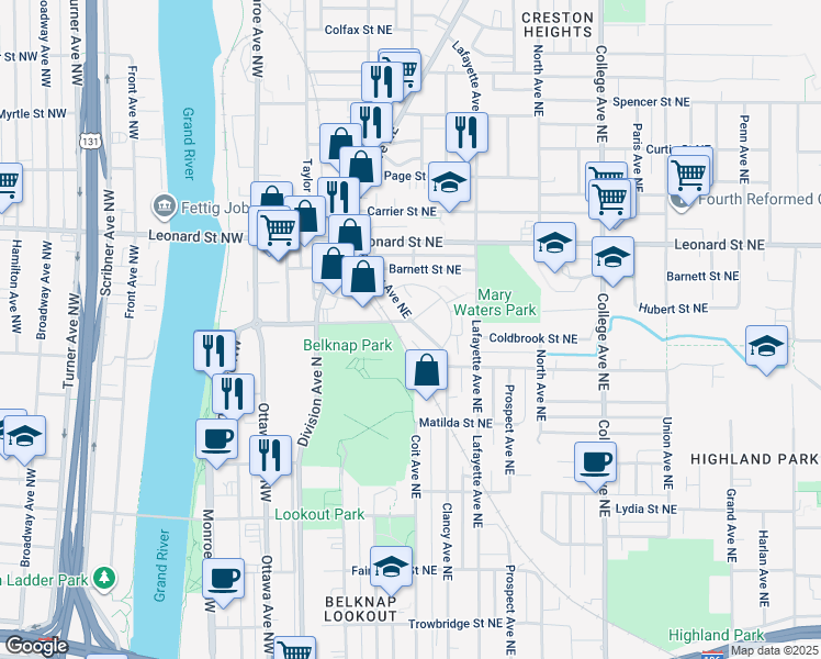 map of restaurants, bars, coffee shops, grocery stores, and more near 190 Coldbrook Street Northeast in Grand Rapids