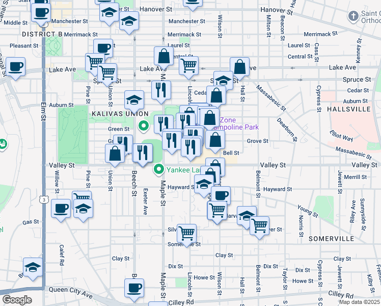 map of restaurants, bars, coffee shops, grocery stores, and more near 365 Lincoln Street in Manchester