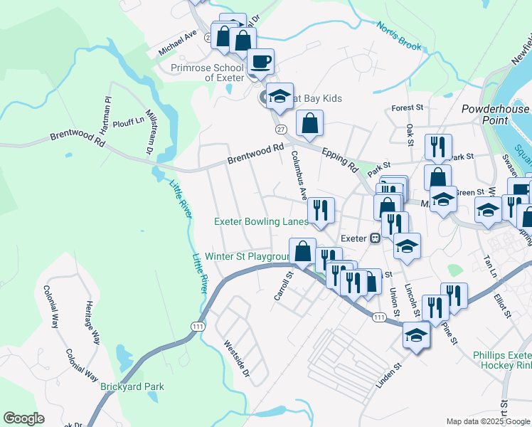 map of restaurants, bars, coffee shops, grocery stores, and more near 47 Washington Street in Exeter