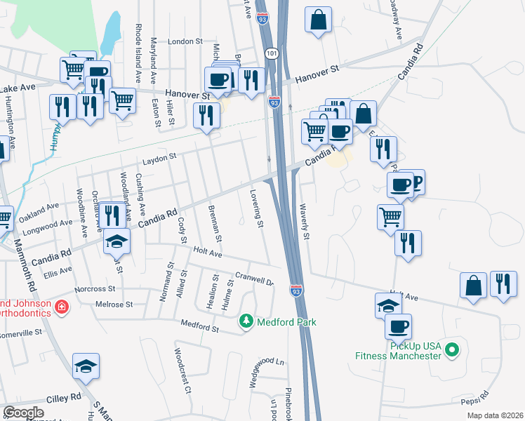 map of restaurants, bars, coffee shops, grocery stores, and more near 125 Lovering Street in Manchester
