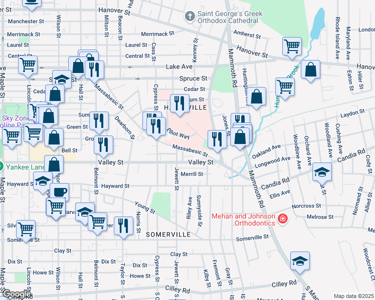 map of restaurants, bars, coffee shops, grocery stores, and more near 450 Massabesic Street in Manchester