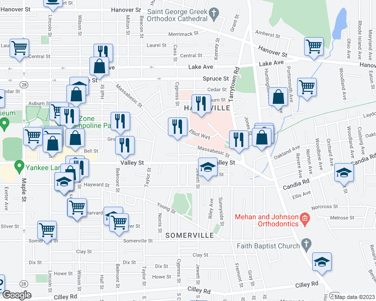 map of restaurants, bars, coffee shops, grocery stores, and more near 400 Massabesic Street in Manchester