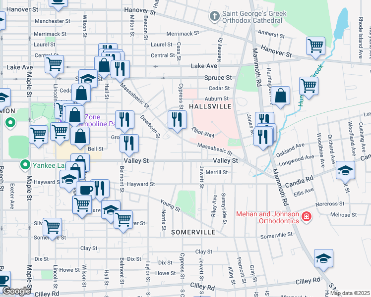map of restaurants, bars, coffee shops, grocery stores, and more near 400 Massabesic Street in Manchester