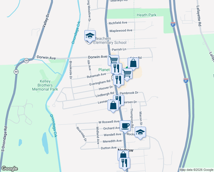 map of restaurants, bars, coffee shops, grocery stores, and more near 133 Everingham Road in Syracuse