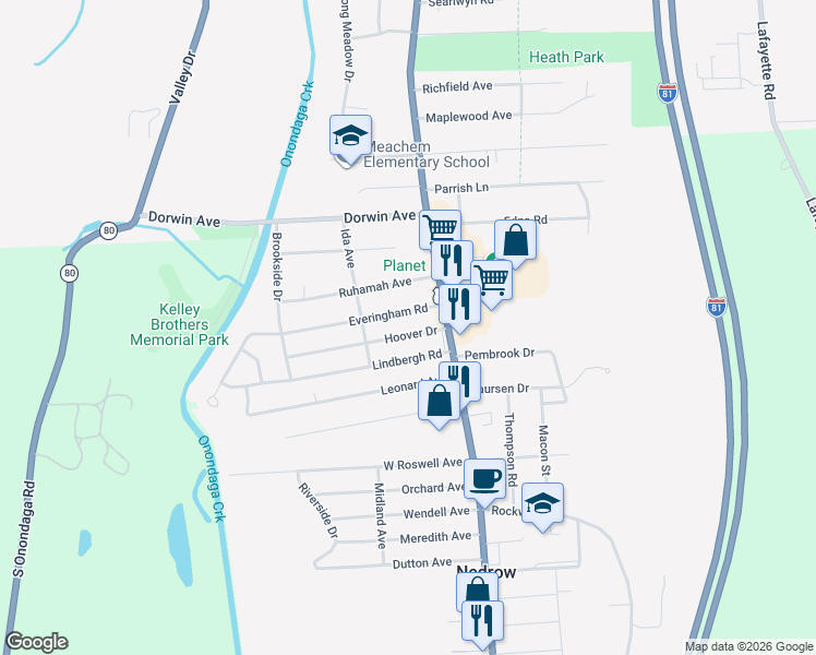 map of restaurants, bars, coffee shops, grocery stores, and more near 133 Everingham Road in Syracuse
