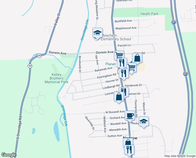 map of restaurants, bars, coffee shops, grocery stores, and more near 170 Everingham Road in Syracuse