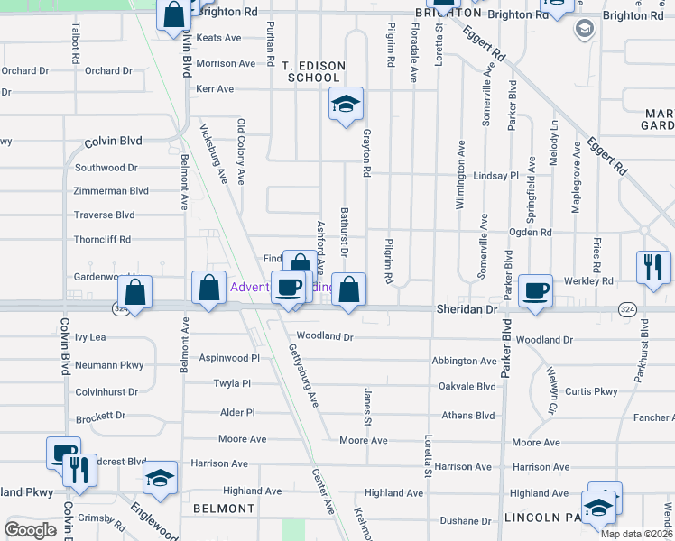 map of restaurants, bars, coffee shops, grocery stores, and more near 53 Ashford Avenue in Tonawanda