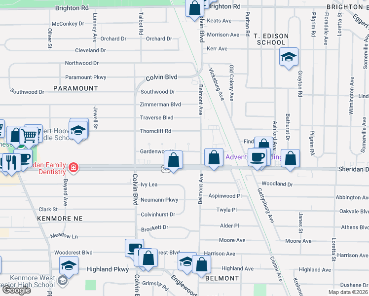 map of restaurants, bars, coffee shops, grocery stores, and more near 21 Fallwood Court in Buffalo