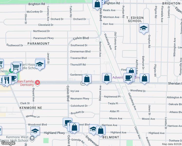 map of restaurants, bars, coffee shops, grocery stores, and more near 21 Fallwood Court in Buffalo