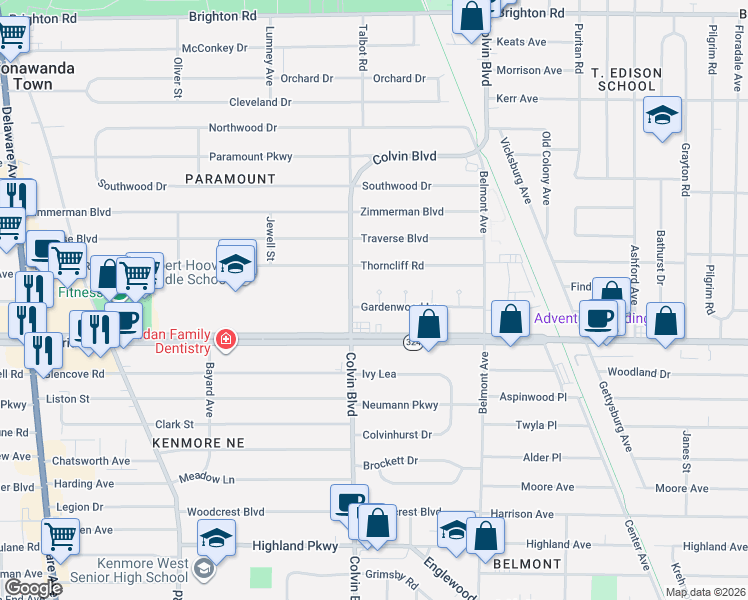 map of restaurants, bars, coffee shops, grocery stores, and more near 1521 Colvin Boulevard in Buffalo