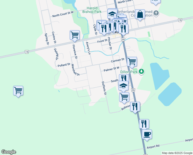 map of restaurants, bars, coffee shops, grocery stores, and more near 12 Dufferin Street in Norwich