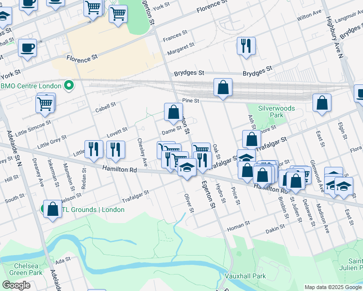 map of restaurants, bars, coffee shops, grocery stores, and more near 970 Hackett Street in London
