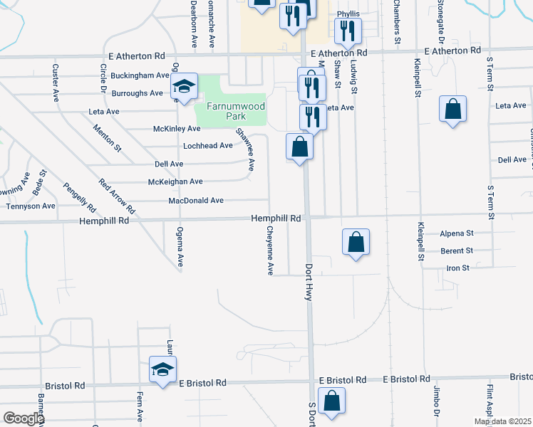 map of restaurants, bars, coffee shops, grocery stores, and more near 4510 South Dort Highway in Flint