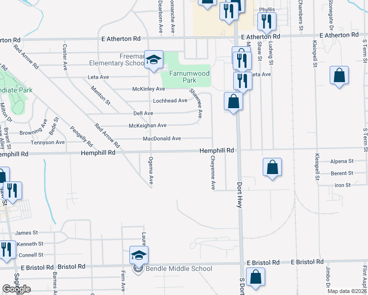 map of restaurants, bars, coffee shops, grocery stores, and more near 914 Macdonald Avenue in Flint
