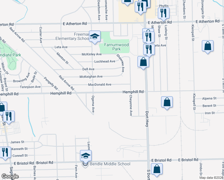 map of restaurants, bars, coffee shops, grocery stores, and more near 914 Macdonald Avenue in Flint