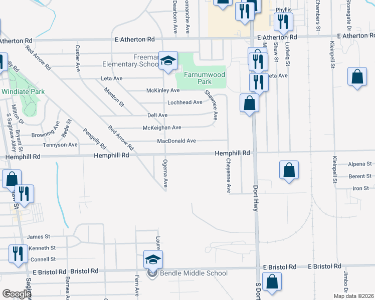 map of restaurants, bars, coffee shops, grocery stores, and more near 802 Macdonald Avenue in Flint
