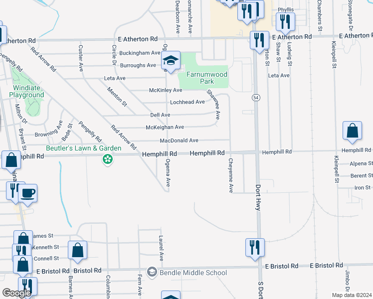 map of restaurants, bars, coffee shops, grocery stores, and more near 802 Macdonald Avenue in Flint