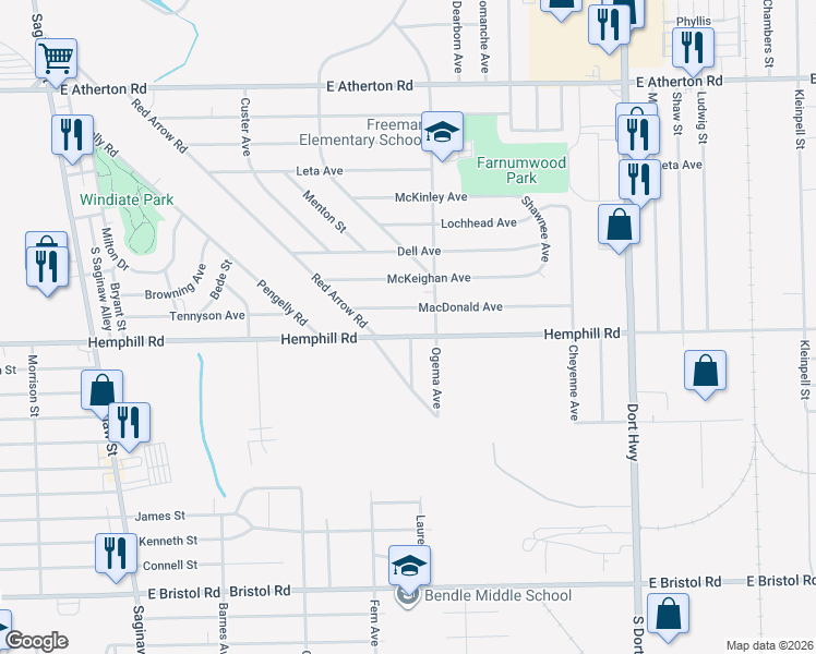 map of restaurants, bars, coffee shops, grocery stores, and more near 602 Macdonald Avenue in Flint