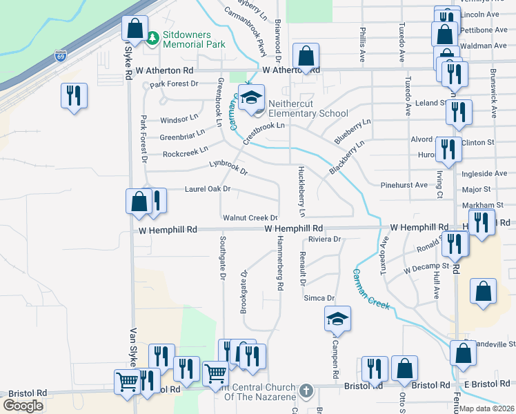 map of restaurants, bars, coffee shops, grocery stores, and more near 1702 Laurel Oak Drive in Flint