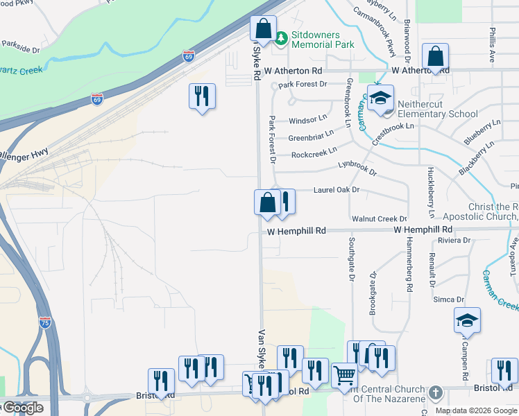 map of restaurants, bars, coffee shops, grocery stores, and more near 3834-3848 Van Slyke Road in Flint