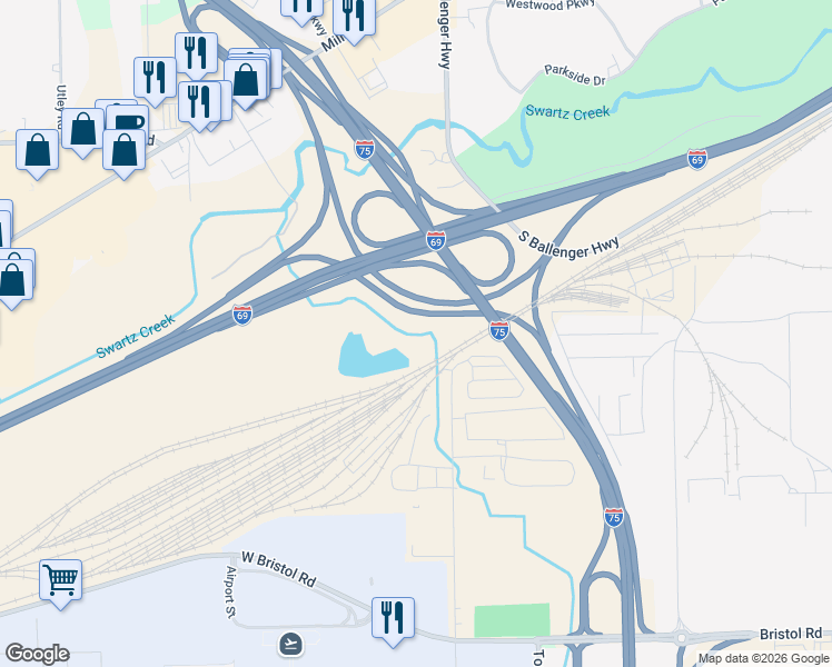 map of restaurants, bars, coffee shops, grocery stores, and more near in Flint