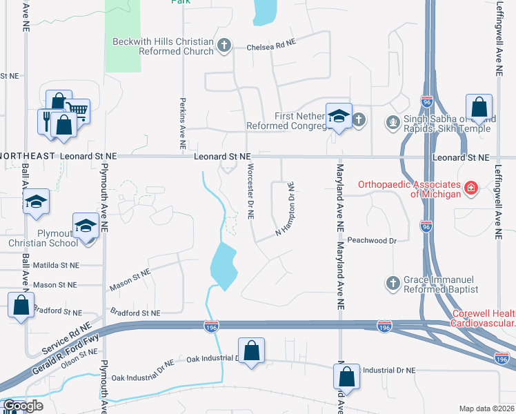 map of restaurants, bars, coffee shops, grocery stores, and more near 1060 Worcester Drive Northeast in Grand Rapids