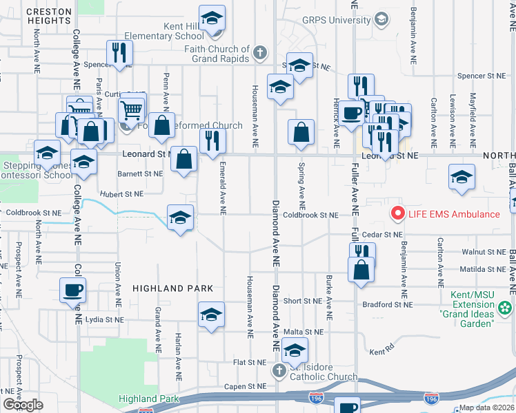 map of restaurants, bars, coffee shops, grocery stores, and more near 1057 Diamond Avenue Northeast in Grand Rapids