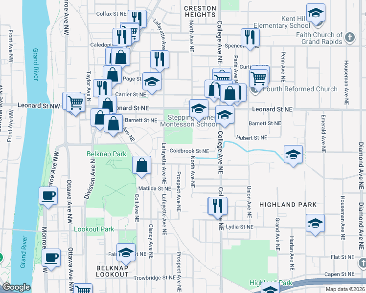 map of restaurants, bars, coffee shops, grocery stores, and more near 333 Coldbrook Street Northeast in Grand Rapids