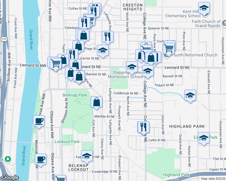 map of restaurants, bars, coffee shops, grocery stores, and more near 1049 Lafayette Avenue Northeast in Grand Rapids