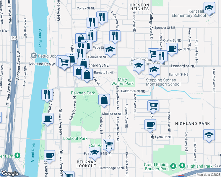 map of restaurants, bars, coffee shops, grocery stores, and more near 1040 Creston Plaza Drive Northeast in Grand Rapids