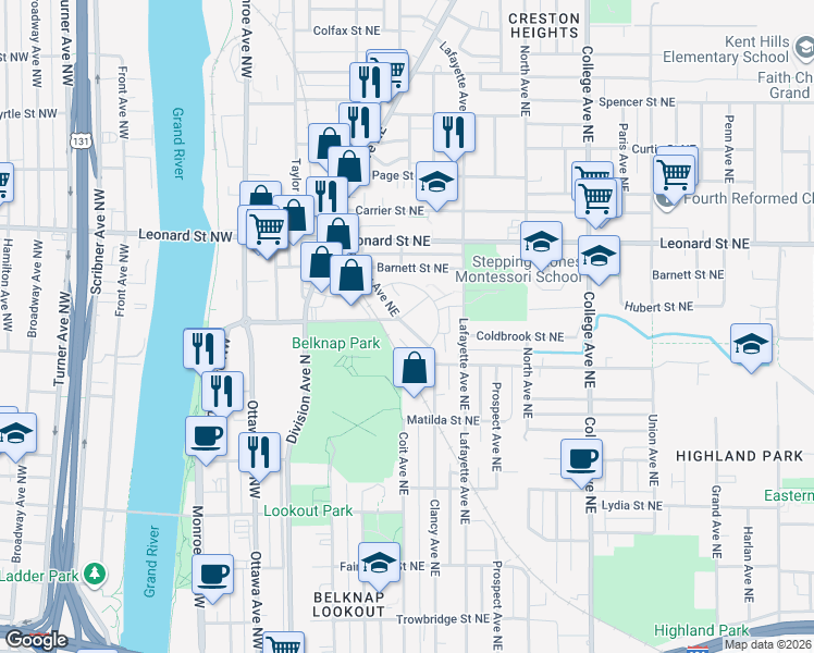 map of restaurants, bars, coffee shops, grocery stores, and more near 1111 Clancy Avenue Northeast in Grand Rapids