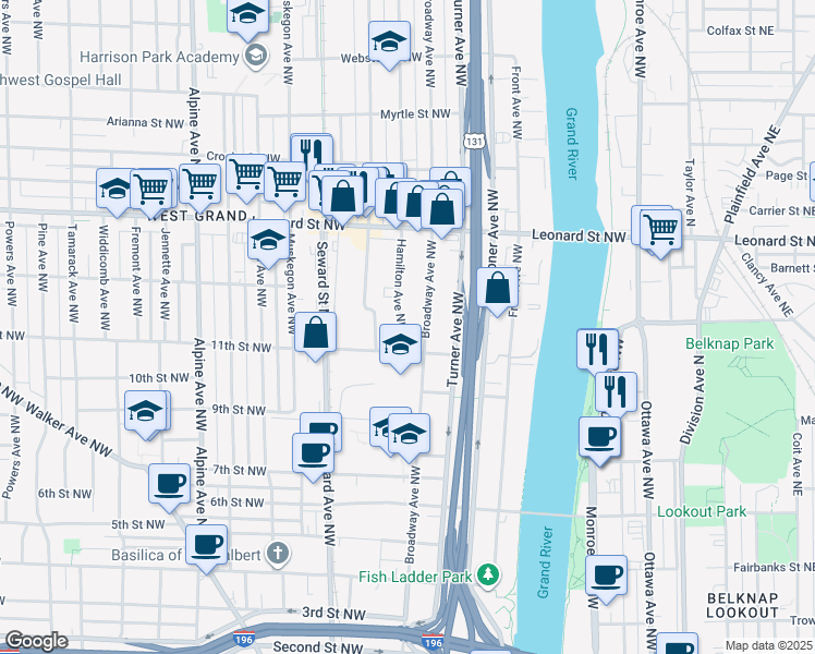 map of restaurants, bars, coffee shops, grocery stores, and more near 1040 Hamilton Avenue Northwest in Grand Rapids