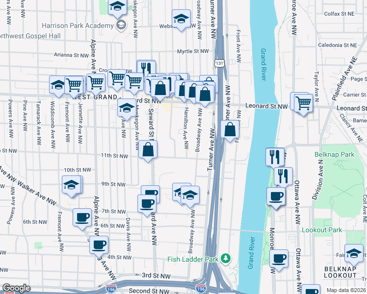 map of restaurants, bars, coffee shops, grocery stores, and more near 1040 Hamilton Avenue Northwest in Grand Rapids