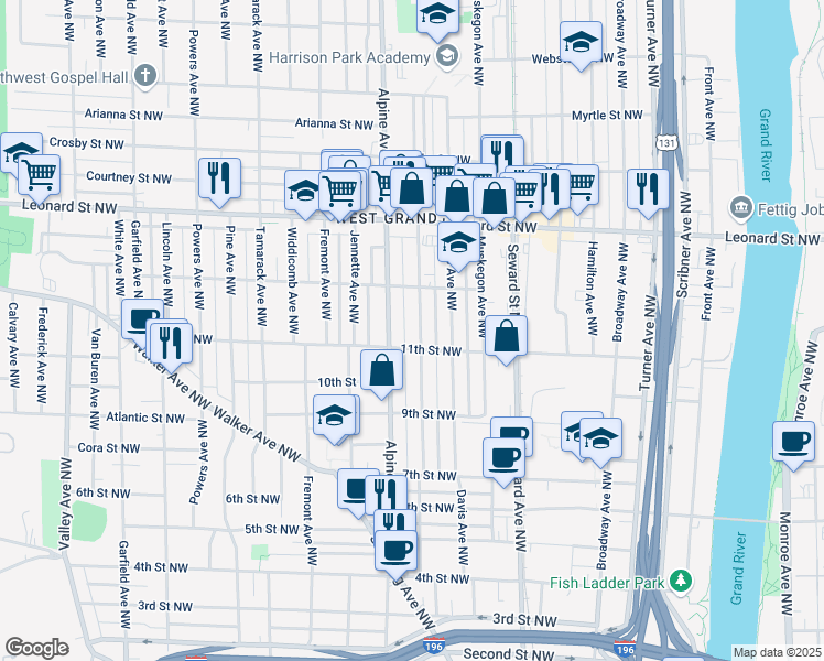 map of restaurants, bars, coffee shops, grocery stores, and more near 1028 Alpine Avenue Northwest in Grand Rapids