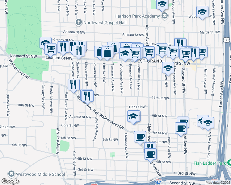 map of restaurants, bars, coffee shops, grocery stores, and more near 1027 Widdicomb Avenue Northwest in Grand Rapids