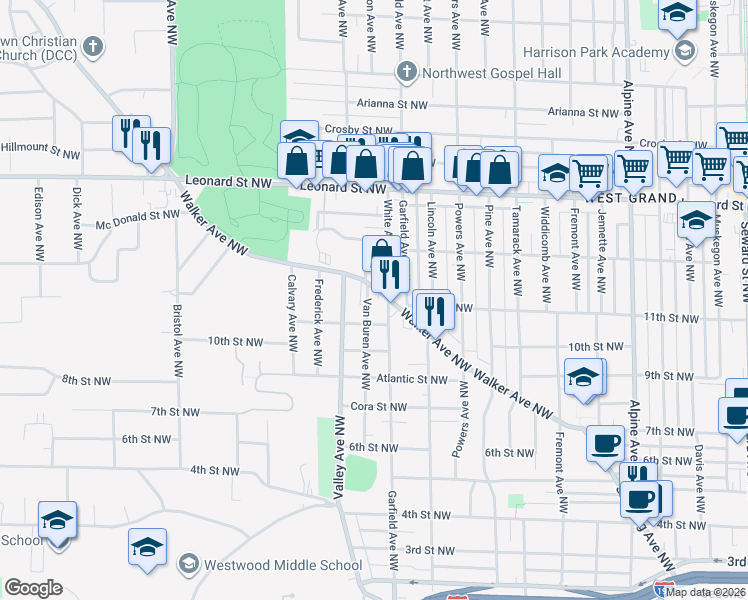 map of restaurants, bars, coffee shops, grocery stores, and more near in Grand Rapids