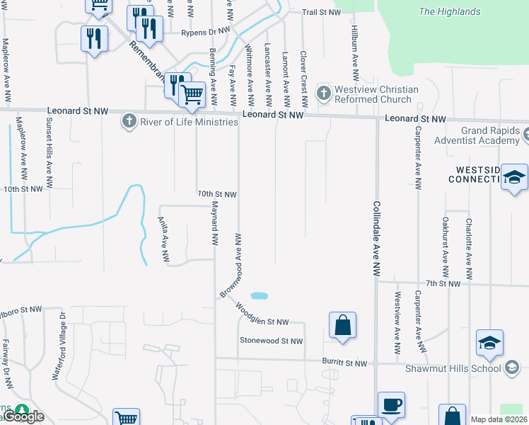 map of restaurants, bars, coffee shops, grocery stores, and more near 960 Brownwood Avenue Northwest in Grand Rapids