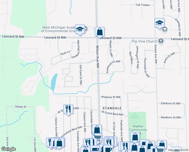 map of restaurants, bars, coffee shops, grocery stores, and more near 943 Cedar Run Court Northwest in Walker