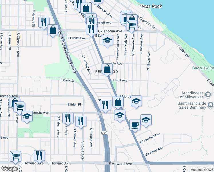 map of restaurants, bars, coffee shops, grocery stores, and more near 3411 South Kinnickinnic Avenue in Milwaukee