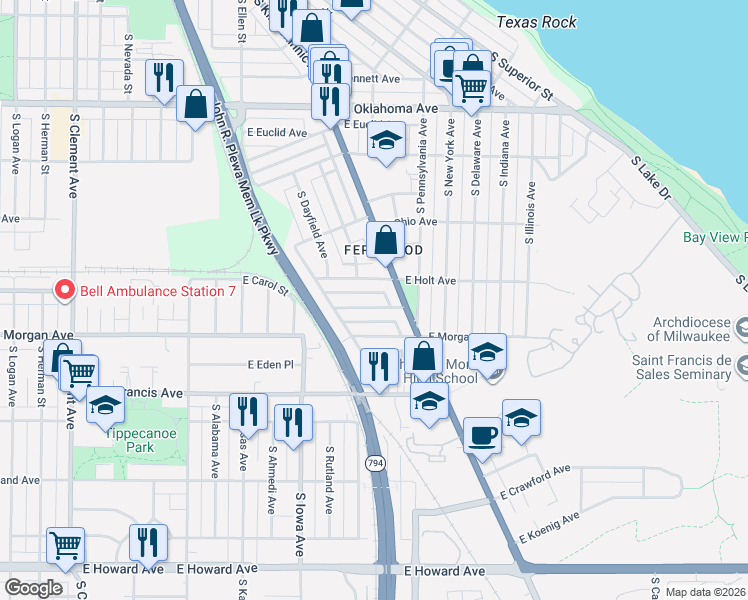 map of restaurants, bars, coffee shops, grocery stores, and more near 2205 East Holt Avenue in Milwaukee