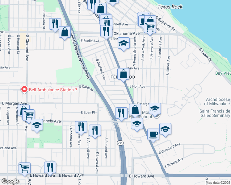map of restaurants, bars, coffee shops, grocery stores, and more near 2205 East Holt Avenue in Milwaukee