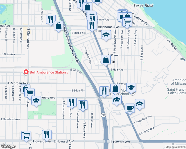 map of restaurants, bars, coffee shops, grocery stores, and more near 2045 East Holt Avenue in Milwaukee