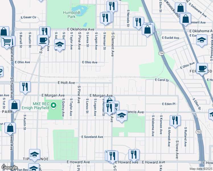 map of restaurants, bars, coffee shops, grocery stores, and more near 1102 East Holt Avenue in Milwaukee