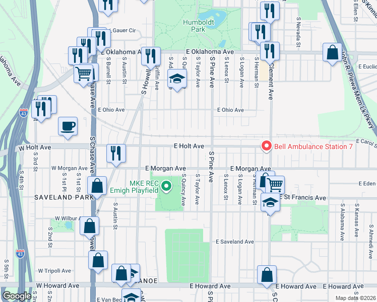 map of restaurants, bars, coffee shops, grocery stores, and more near 600 East Holt Avenue in Milwaukee